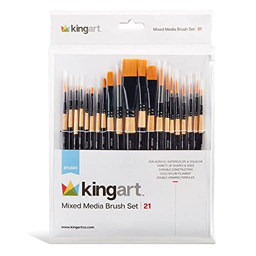 KINGART 200–21 All Media Pinsel-Set, Set mit 21 flachen und runden Pinseln, kurzer Griff für Acryl, Aquarell, Öl und mehr, 21 Stück von KINGART