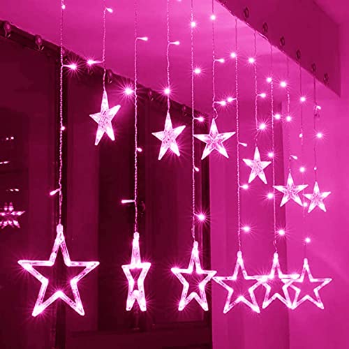 138 LED Vorhang Lichterkette,KINGCOO 2m 12 Sterne Batteriebetriebene Fenster Vorhang Fee Lichterketten Dekoleuchte für Festival Weihnachten/Hochzeit/Party/Garten Dekorationen (Rosa) von KINGCOO