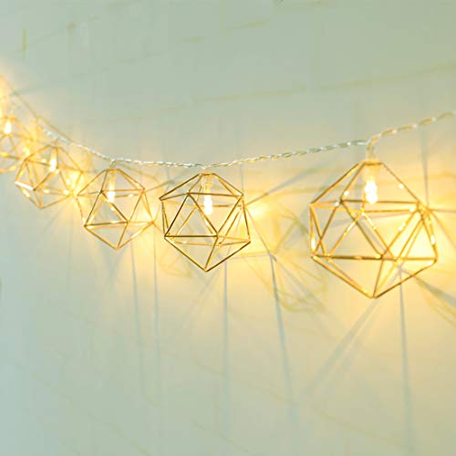 KINGCOO Geometrische Metall Lichterkette, 20LED Gold Vintage Lampenschirm Metall Polygon Laterne Käfig Dekorative Lichterkette Batteriebetriebene für Wohnzimmer Party Hochzeit Garten (Polygon) von KINGCOO