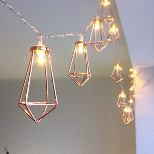 Geometrische Metall Lichterkette,KINGCOO 20LED Roségold Vintage Lampenschirm Metall Polygon Laterne Käfig Dekorative Lichterkette Batteriebetriebene für Wohnzimmer Party Hochzeit Garten (Diamant) von KINGCOO