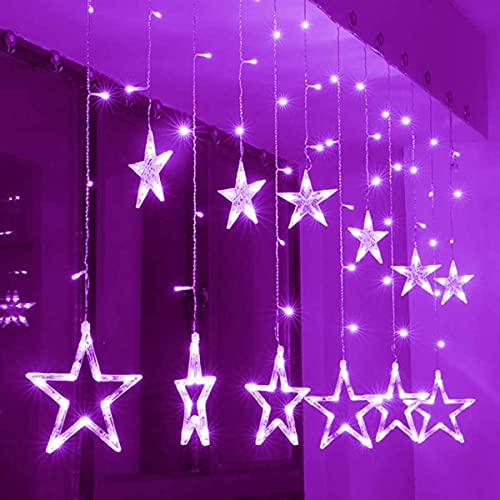 138 LED Vorhang Lichterkette,KINGCOO 2m 12 Sterne Batteriebetriebene Fenster Vorhang Fee Lichterketten Dekoleuchte für Festival Weihnachten/Hochzeit/Party/Garten Dekorationen (Lila) von KINGCOO