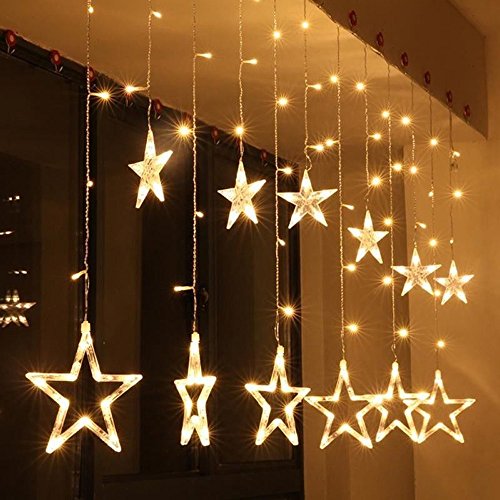 138 LED Vorhang Lichterkette,KINGCOO 2m 12 Sterne Batteriebetriebene Fenster Vorhang Fee Lichterketten Dekoleuchte für Festival Weihnachten/Hochzeit/Party/Garten Dekorationen (Warmweiß) von KINGCOO