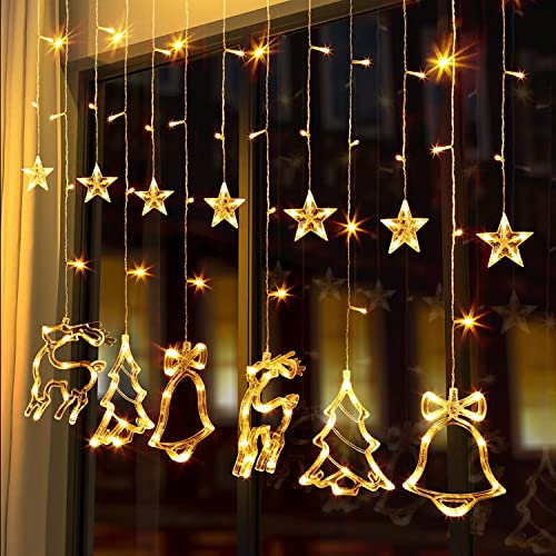 KINGCOO 138LED Glocken Elch Sternenvorhang Lichter 8 Modi Batteriebetriebene Fenster Lichtervorhang mit USB Fernbedienung Timer Fee Lichterketten für Innen Außen Hochzeit Party Weihnachten(Warmweiß) von KINGCOO