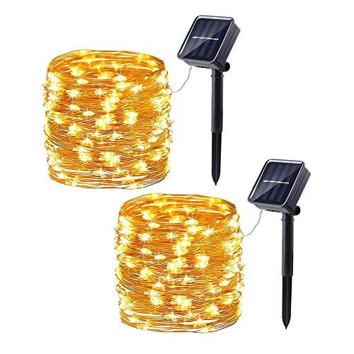 KINGCOO 2 Stück Solar Kupfer Lichterketten, 33ft 100LED 8 Modi Solar Lichterketten,Wasserdichte Kupferdraht Lichter für Patio Rasen Garten Party Hochzeit Weihnachtsdekoration (Warmweiß) von KINGCOO