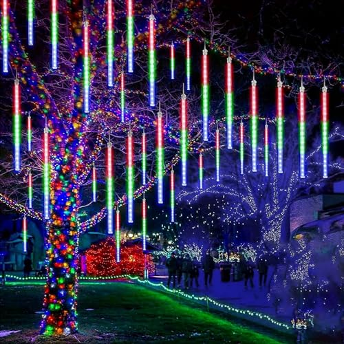 KINGCOO 288LED Meteoritenschauer Lichterketten Garten, Wasserdicht 30cm 8Tubes Fallende Regentropfen Solarleuchten Dekorative Lichtschläuche für Außen Party Hochzeit Weihnachtsbaum(Bunt) von KINGCOO