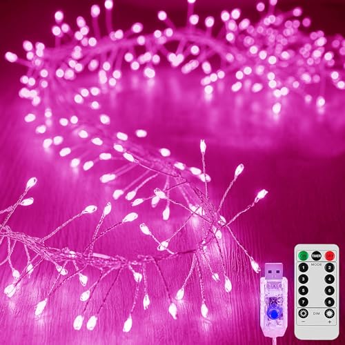 KINGCOO Feuerwerk Lichterkette Außen Innen, 12M 400LED USB Kupferdraht Cluster Lichter 8Modi mit Timer Fernbedienung für Schlafzimmer Hochzeit Party Weihnachten DIY Décor (Rosa) von KINGCOO