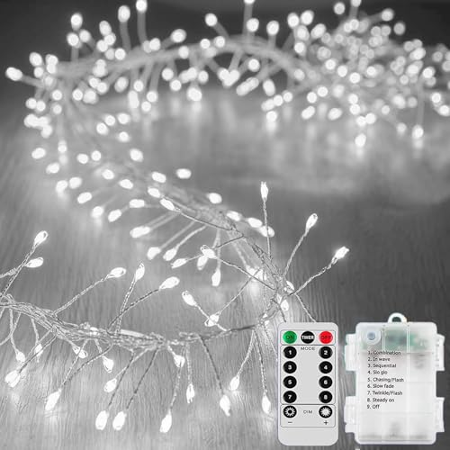 KINGCOO Feuerwerk Lichterkette Außen Innen, LED Kupferdraht Cluster Lichter Batteriebetriebene 8Modi mit Fernbedienung für DIY Schlafzimmer Weihnachten Hochzeit Party Décor (Weiß, 12M 400LED) von KINGCOO