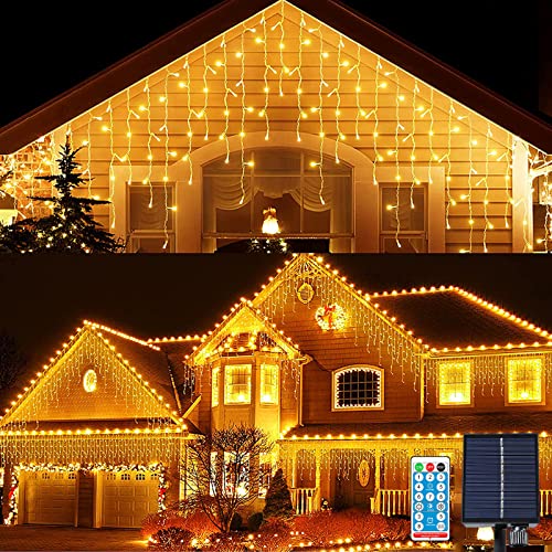 KINGCOO Solar Lichtervorhang Außen, Wasserdicht 10M 300LED Eisregen Vorhang Solar Lichterketten Fernbedienung 8Modi Innen Weihnachtsbeleuchtung für Garten Balkon Hochzeit Wanddekorationen(Warmweiß) von KINGCOO