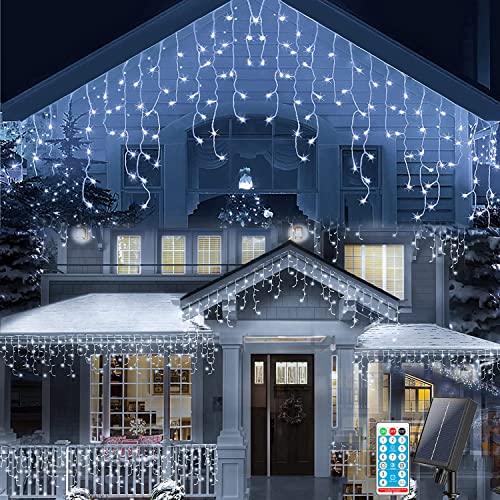 KINGCOO Solar Lichtervorhang Außen, Wasserdicht LED Eisregen Vorhang Solar Lichterketten Fernbedienung 8 Modi Innen Weihnachtsbeleuchtung Aussen für Garten Balkon Hochzeit Wanddekorationen (10M-Weiß) von KINGCOO