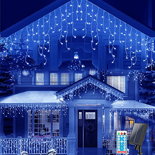 KINGCOO Solar Lichtervorhang Außen, Wasserdicht LED Eisregen Vorhang Solar Lichterketten Fernbedienung 8 Modi Innen Weihnachtsbeleuchtung Aussen für Garten Balkon Hochzeit Wanddekorationen (10M-Blau) von KINGCOO