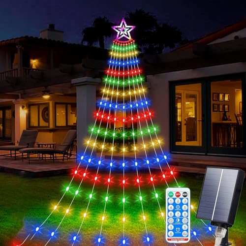 KINGCOO Solar Sterne Lichterkette Garten, Wasserdicht 350LED Wasserfall Hängende Weihnachtsbaum Eisregen lichter mit Fernbedienung 8modi für Innen Außen Weihnachtsbeleuchtung Wand Deko (Mehrfarbig) von KINGCOO