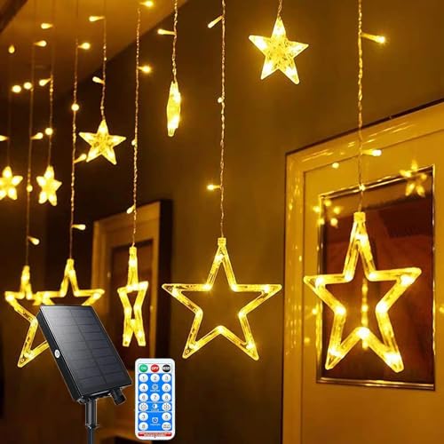 KINGCOO Solar Vorhang Lichter Außen, Wasserdicht 138LED Twinkle Stern Fenster Lichterkette Solar Fee Lichtervorhang 8Modi für Innen Außen Weihnachten Hochzeit Party Dekorationen (Stern-Warmweiß) von KINGCOO