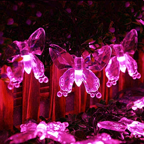 KINGCOO Schmetterling Lichterketten, Wasserdichte 16FT 20LED Butterfly Solar Lampe Dekorative Leuchten für Party Hochzeit Garten Veranda Balkon Weihnachtsfee Beleuchtung Dekorationen (Rosa) von KINGCOO