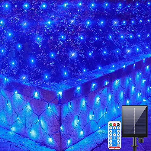 Solar Lichternetz Außen,KINGCOO Wasserfest 3x2M 200LED Lichterkette Solar Mesh Netz Lichtervorhang Deko Leuchte mit Fernbedienung 8 Modi für Innen Weihnachten Garten Party Hochzeit Schlafzimmer (Blau) von KINGCOO