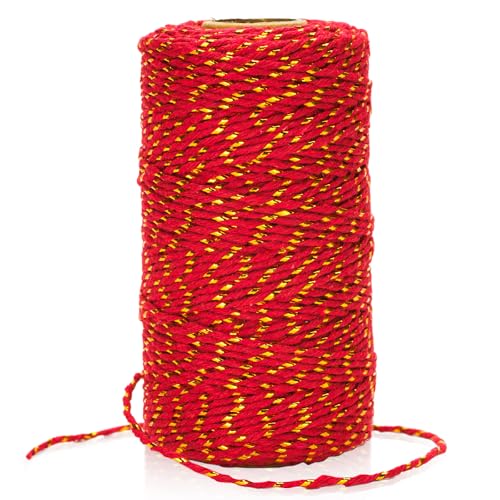 KINGLAKE 100M Baumwollschnur mit Goldschnur, Baumwollgarn Rot, 2MM Kordel, Bastelschnur Dünn, Baumwollkordel, Schnur für DIY Kunstgewerbe, Geschenke verpacken, Weihnachten von KINGLAKE