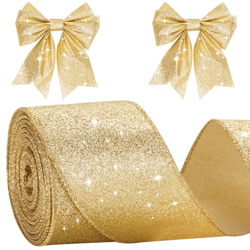 KINGLAKE 10M Geschenkband Mit Draht Gold, Drahtband Glänzend 6cm, Weihnachtenband, Schleifenband, Dekorativ Band für Geschenk Verpackungen, Kranz, Handwerk, Weihnachts und Hochzeit von KINGLAKE