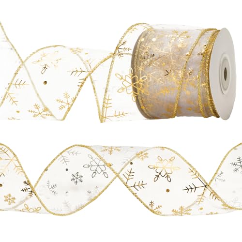 KINGLAKE 10M Geschenkband mit Draht Gold, Schneeflocke Organzaband, Weihnachtenband 6.3cm, Schleifenband Breit, Drahtband Glitzer, Band für Dekoratives Geschenk, Kranz, Handwerk, Weihnacht KINGLAKE 10M Geschenkband mit Draht Gold, Schneeflocke Organzaband, Weihnachtenband 6.3cm, Schleifenband Breit, Drahtband Glitzer, Band für Dekoratives Geschenk, Kranz, Handwerk, Weihnacht von KINGLAKE