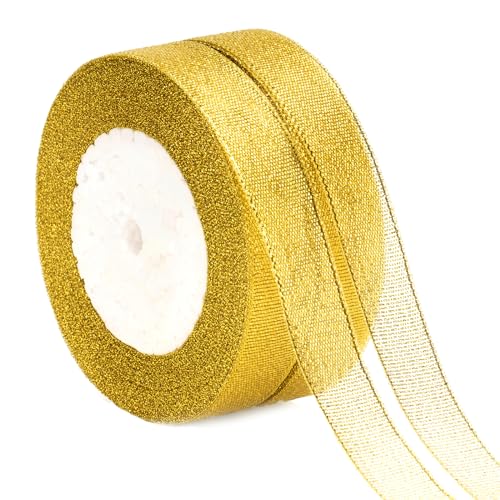 KINGLAKE Geschenkband Gold 44M,Weihnachtenband Organza,Schleifenband 2cm,Dekorativ Satinband Geeignet für Geschenk Verpackungen,Weihnachts und Hochzeitsdekoration,Handgefertigt von KINGLAKE