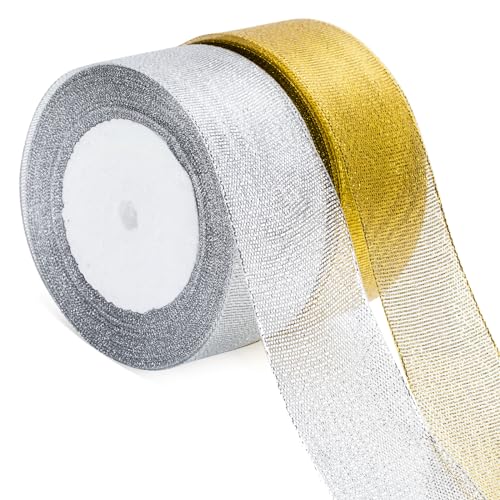 KINGLAKE Geschenkband Gold und Silber 44M, Goldenes Band, Organzaband, Weihnachtenband Organza, Schleifenband 4cm, Dekobänd, Satinband für Geschenk, Weihnachten und Hochzeits von KINGLAKE