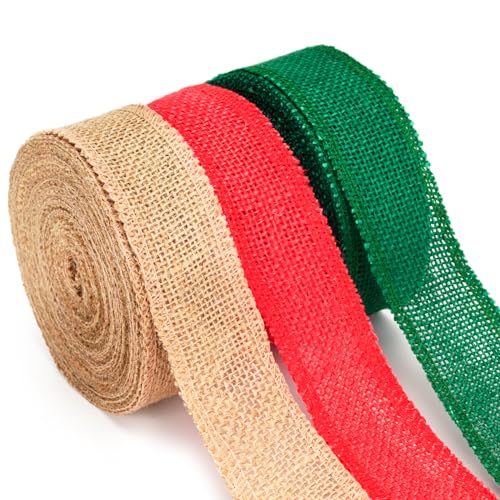 KINGLAKE Juteband Rolle 4cm Breit, 30M Juteband Jahrgang, Geschenkband, Dekoband Jute Für DIY Verpackung, Geschenk, Hochzeit, Weihnachten, Esstisch, Blumenstrauß Dekoration(Rot,Grün und Braun) von KINGLAKE