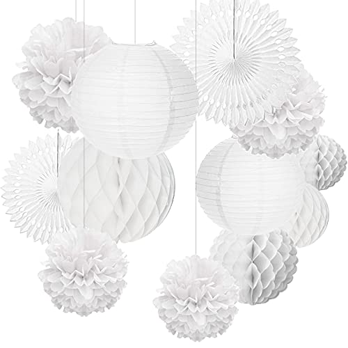 12 Teilig Seidenpapier Pompoms Set Hängedekoration Lampions, Mehrere Stile Deko für Hochzeit Geburtstag Valentinstag Weiß von KINGOZOYI