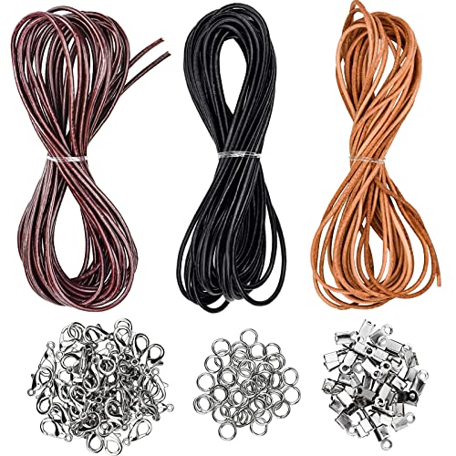 3 Stück Lederband 2mm x 5m, Lederschnur Rund mit 150 Schmuckherstellung für DIY Armband Halskette Schmuck Handwerk - Schwarz/Braun/Kaffee von KINGOZOYI