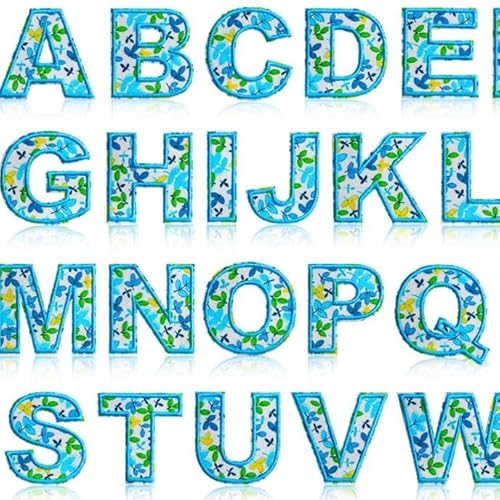 Kingsow Buchstaben-Aufnäher, selbstklebend, für Kinderkleidung: Kingsow Blau, 26 Stück, Blumen-Buchstaben-Aufnäher, Aufkleber, A-Z, Alphabet-Applikation – niedliche Stoff-Buchstaben, zum Aufkleben auf von KINGSOW