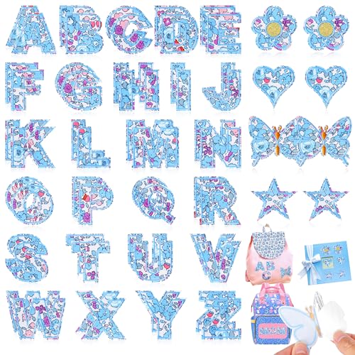 Kingsow Buchstabenaufnäher selbstklebend für Kinderkleidung: Kingsow Blau, 60 Stück, Blumen, Schmetterlinge, Buchstaben, Aufkleber, A-Z, Alphabet-Applikation – niedliche Stoff-Buchstaben, zum von KINGSOW