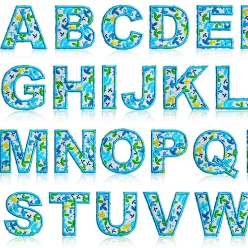 Kingsow Buchstabenaufnäher selbstklebend für Kinderkleidung: Kingsow Blau, 60 Stück, Blumen, Schmetterlinge, Buchstaben, Aufkleber, A-Z, Alphabet-Applikation – niedliche Stoff-Buchstaben, zum von KINGSOW