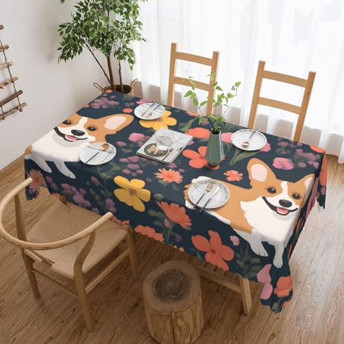 KINGWW Corgi Tischdecke mit Blumenmuster, fettabweisend, quadratisch, für rechteckige Tische, wiederverwendbare und waschbare Tischdecke, Polyester-Stoff von KINGWW