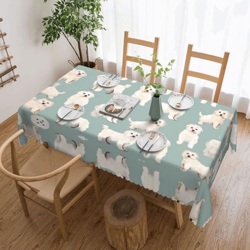 KINGWW Kleine weiße Hundemuster, fettabweisende quadratische Tischdecken für rechteckige Tische, wiederverwendbare und waschbare Tischdecken, Polyester-Stoff-Tischdecken von KINGWW
