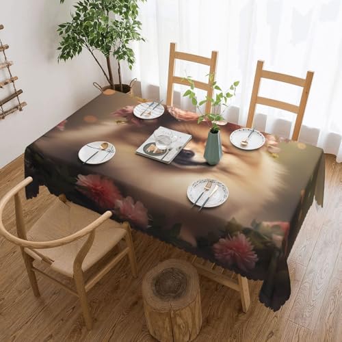 KINGWW Quadratische Tischdecke mit Zwergspitz- und Blumenmotiv, fettabweisend, für rechteckige Tische, wiederverwendbare und waschbare Tischdecken, Polyester-Stoff-Tischdecken von KINGWW