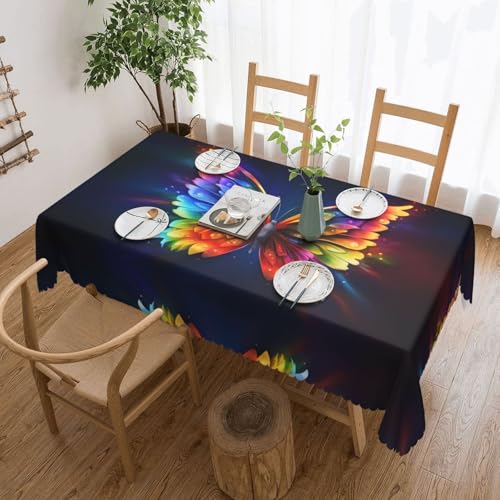 KINGWW Regenbogen-Schmetterling-Tischdecken mit Regenbogen-Schmetterlingen, fettabweisend, quadratisch, für rechteckige Tische, wiederverwendbare und waschbare Tischdecke, Polyester-Stoff-Tischdecken von KINGWW