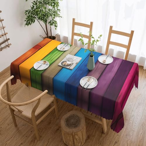 KINGWW Regenbogenfarbener Holzhintergrund, regenbogenfarbener Holzhintergrund, fettabweisend, quadratische Tischdecken für rechteckige Tische, wiederverwendbare und waschbare Tischdecken, von KINGWW