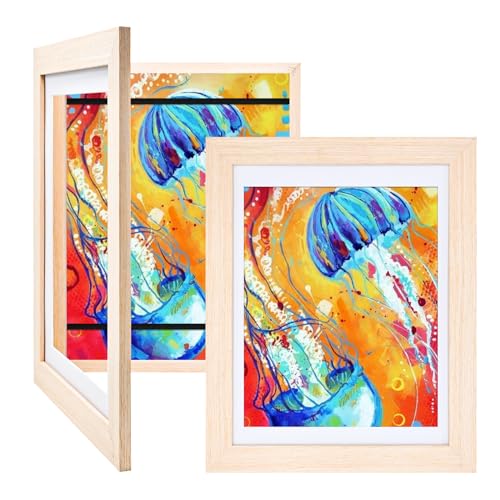 KINLINK 9x12 Kinder Kunstrahmen Frontöffnung 2 Stück, Holz-Bilderrahmen für 50 Bilder, Kunstrahmen für Kinder Kunstwerk mit Matte für A4 und 8,5x11 oder ohne Matte für 9x12, Natur von KINLINK