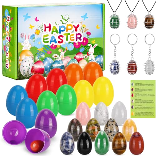 KINQKESO Ostern Geschenke für Kinder mit 12 Stück Ostereier Plastik und Natürlichen Edelsteinen und Kristall für Osterjagd, Preisvorräte für Klassenzimmer, Füllung, Partygeschenk, Ostergeschenken von KINQKESO