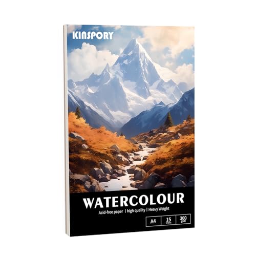 KINSPORY Aquarellpapier, 300g/m2, Aquarellpapier Block 15 Blatt, A4-21 x 29.7cm, Wasserfarben Papier von KINSPORY