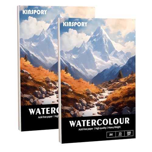 KINSPORY Aquarellpapier, 300g/m2, Aquarellpapier Block 15 Blatt, A4-21 x 29.7cm, Wasserfarben Papier von KINSPORY