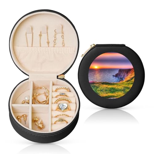 KIROJA Irland Schmuckschatulle mit Sonnenuntergang und Meereslandschaft, klein, tragbar, Reise-Schmuck-Organizer für Halsketten, Ringe von KIROJA