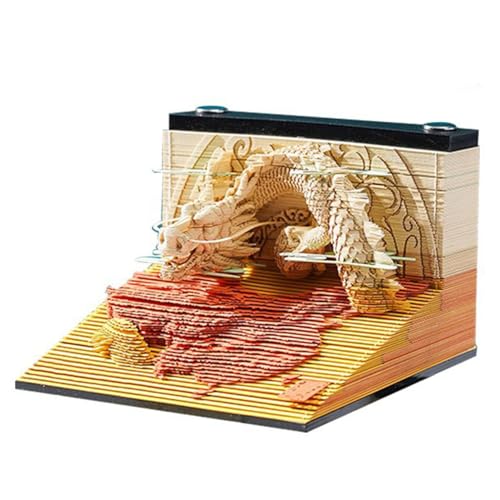 3D-Kalender 2025, Kryptonian Journey Creative Desk Time Piece Kalender, 3D Art Memo Pad DIY Carving Notizblock Papier Schnitzen Skulptur Geschenk für Schule Home Office (Gelber Drache) von KIRVCN