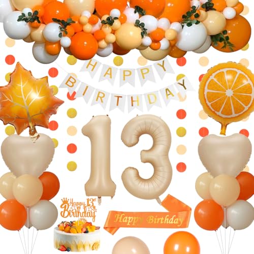 13 Geburtstagsdeko, Orange 13 Geburtstag Deko Jungen Mädchen Orange Beige Weiß Gold Luftballons HAPPY BIRTHDAY Banner Nummer 13 Luftballons Herz Luftballons Schärpe Happy 13th Birthday Kuchenaufsatz von KISPATTI