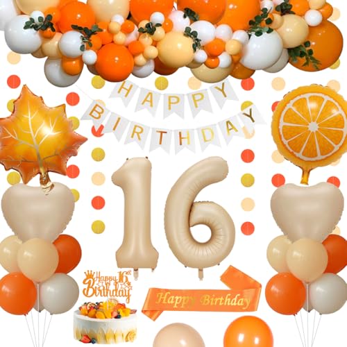 16 Geburtstagsdeko, Orange 16 Geburtstag Deko Jungen Mädchen Orange Beige Weiß Gold Luftballons HAPPY BIRTHDAY Banner Nummer 16 Luftballons Herz Luftballons Schärpe Happy 16th Birthday Kuchenaufsatz von KISPATTI