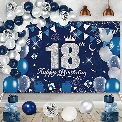 18 Geburtstag Dekoration Jungen Banner Blau, Extra Große 18. Geburtstag Banner Poster Navy Blau und Silber Deko 18. Geburtstag Konfetti Luftballons, 18 Geburtstag Jungen Deko Banner (190X120cm) von KISPATTI