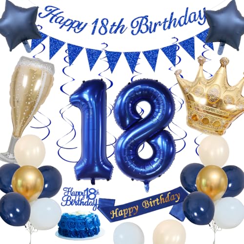 18 Geburtstagsdeko, Blau 18 Geburtstag Deko Männer Marineblau Gold Sand Weiß Luftballons Happy 18th Birthday Banner Nummer 18 Luftballons Krone Stern Luftballons Happy Birthday Schärpe Kuchenaufsatz von KISPATTI