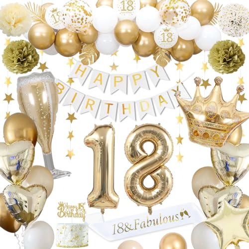 18 Geburtstagsdeko, gold 18 Geburtstag deko für Männer Frauen gold weiße Luftballons HAPPY BIRTHDAY Banner Nummer 18 Luftballons Krone Stern Herz Luftballons HAPPY 18th BIRTHDAY Kuchenaufsatz von KISPATTI