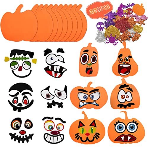 18 Stücke Halloween Deko Kinder, Halloween Schaum Kürbis Aufkleber Bastel Set und 16 Stücke Kürbis Sticker Bastel Gesicht Sticker mit 200 Stück Kleine Aufkleber für Halloween Kinder Dekorationen von KISPATTI