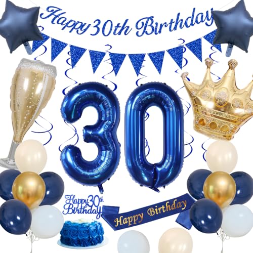 30 Geburtstagsdeko, Blau 30 Geburtstag Deko Männer Marineblau Gold Sand Weiß Luftballons Happy 30th Birthday Banner Nummer 30 Luftballons Krone Stern Luftballons Happy Birthday Schärpe Kuchenaufsatz von KISPATTI