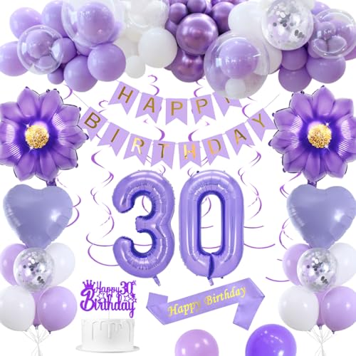 30 Geburtstagsdeko, Lila 30 Geburtstag Deko Frauen Macaron Lila Weiß Luftballons HAPPY BIRTHDAY Banner Nummer 30 Luftballons Herz Luftballons Happy 30th Birthday Kuchenaufsatz von KISPATTI