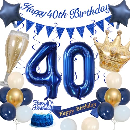 40 Geburtstagsdeko, Blau 40 Geburtstag Deko Männer Marineblau Gold Sand Weiß Luftballons Happy 40th Birthday Banner Nummer 40 Luftballons Krone Stern Luftballons Happy Birthday Schärpe Kuchenaufsatz von KISPATTI