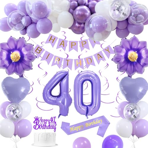 40 Geburtstagsdeko, Lila 40 Geburtstag Deko Frauen Macaron Lila Weiß Luftballons HAPPY BIRTHDAY Banner Nummer 40 Luftballons Herz Luftballons Happy 40th Birthday Kuchenaufsatz von KISPATTI